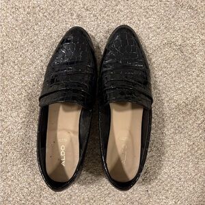 Aldo Glossy Black Croc Loafers, Genuine Leather